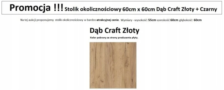 Stolik okolicznościowy kwadratowy 60 cm metal Dąb Craft PROMOCJA Kod: 6673