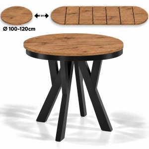 Stół okrągły 100cm 110cm 120cm rozkładany 370cm, 16 kolorów blatu, grubość 3,6cm 5,4cm z maskownicą, nogi Metalowe „Y” | ArtD Home